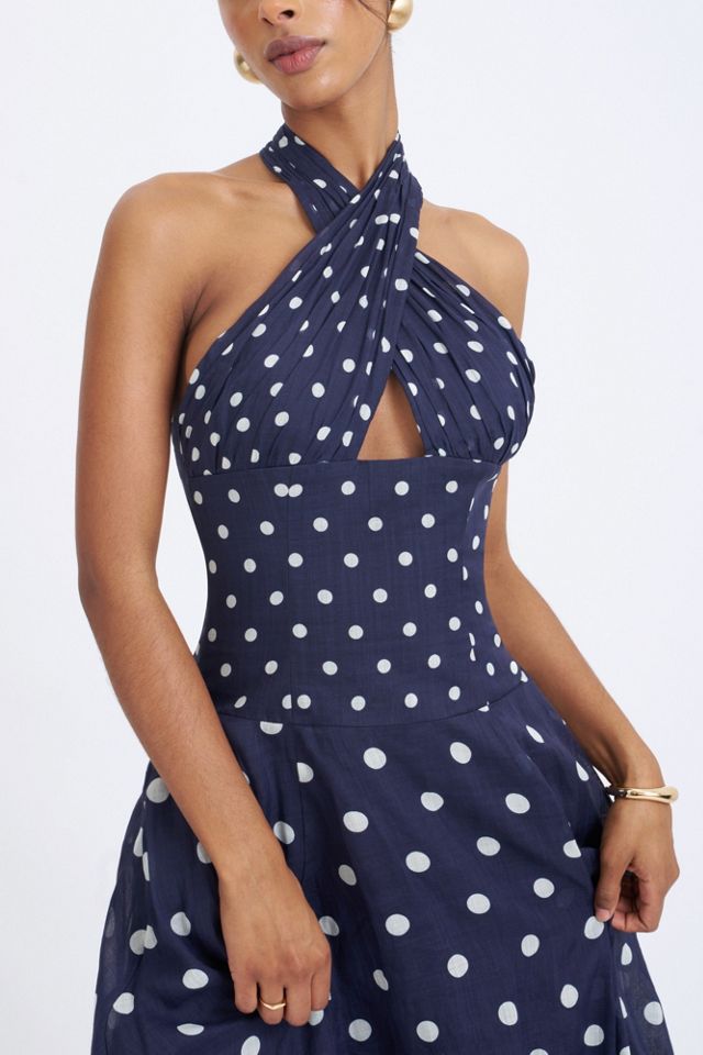 Miss Circle Nuri Polka Dot Ramie Crossover Halter A-Line Midi Dress #1