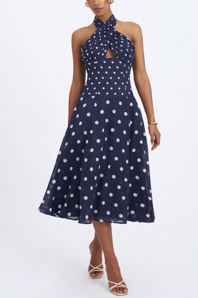 Miss Circle Nuri Polka Dot Ramie Crossover Halter A-Line Midi Dress