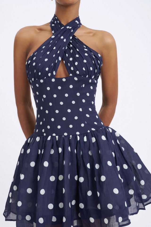 Miss Circle Yamina Polka Dot Ramie Crossover Halter Gathered Mini Dress #1
