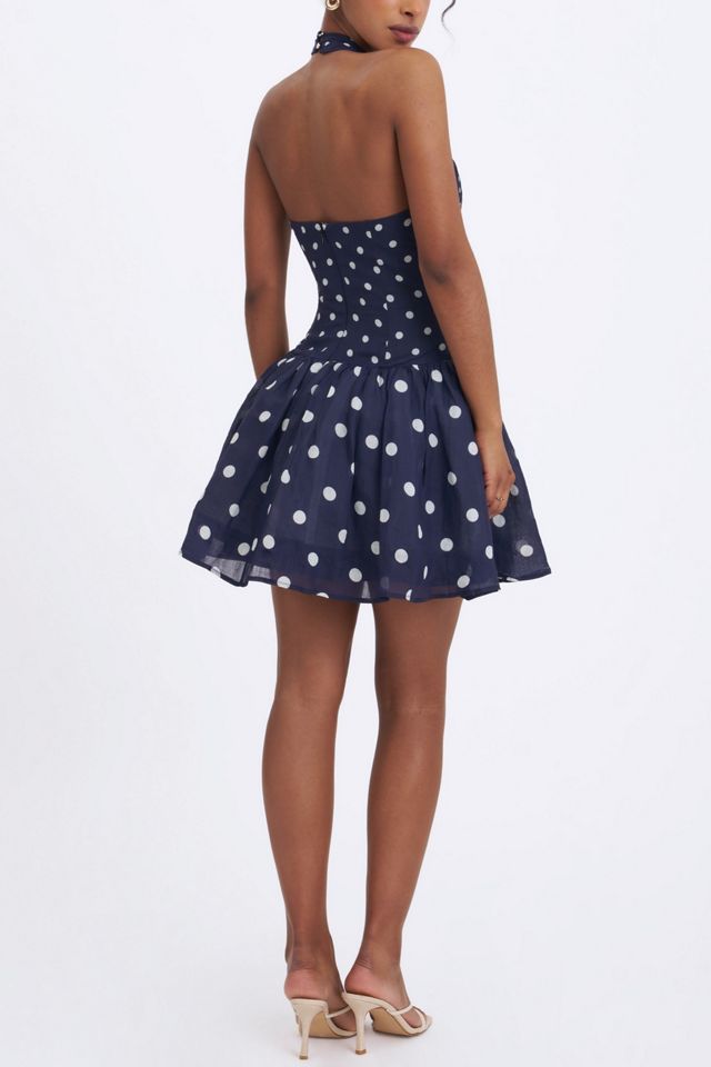 Miss Circle Yamina Polka Dot Ramie Crossover Halter Gathered Mini Dress #4