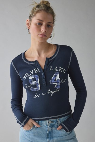 UO Silverlake Applique Graphic Long Sleeve Henley Tee