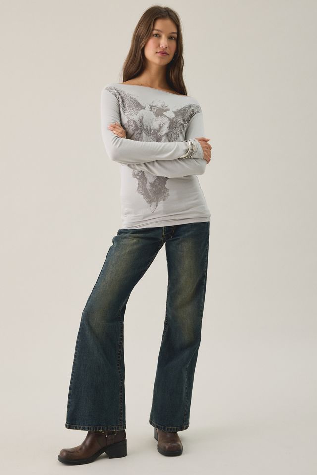 Gothic Angel Graphic Slash Neck Long Sleeve Tee #2