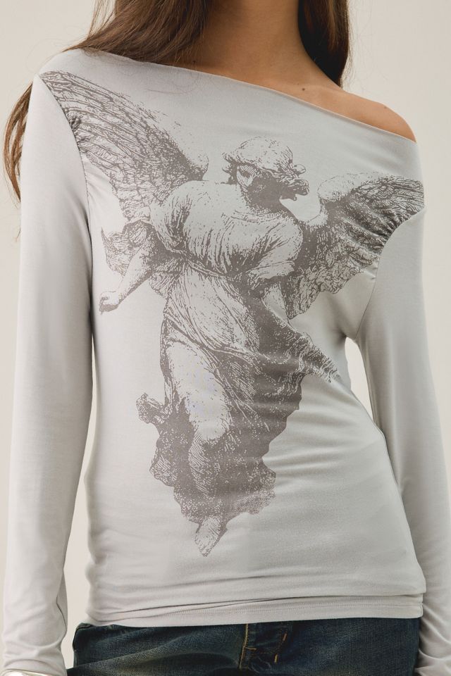 Gothic Angel Graphic Slash Neck Long Sleeve Tee #3