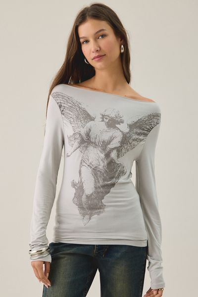 Gothic Angel Graphic Slash Neck Long Sleeve Tee