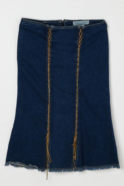 Vintage Y2k Rawhide-Laced Denim Midi Skirt