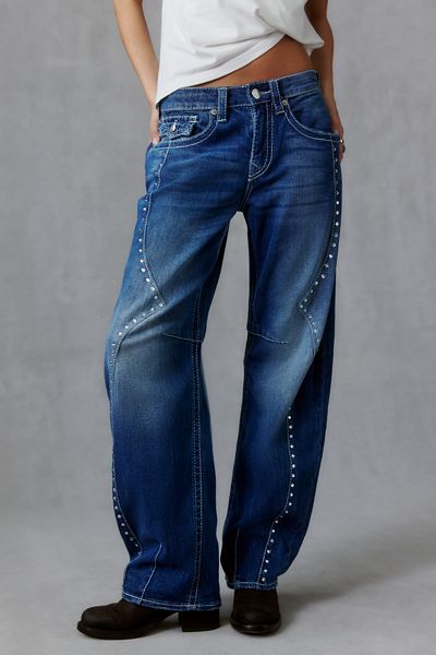 True Religion Bailey Western Studded Big T Flap Mid-Rise Barrel Jeans