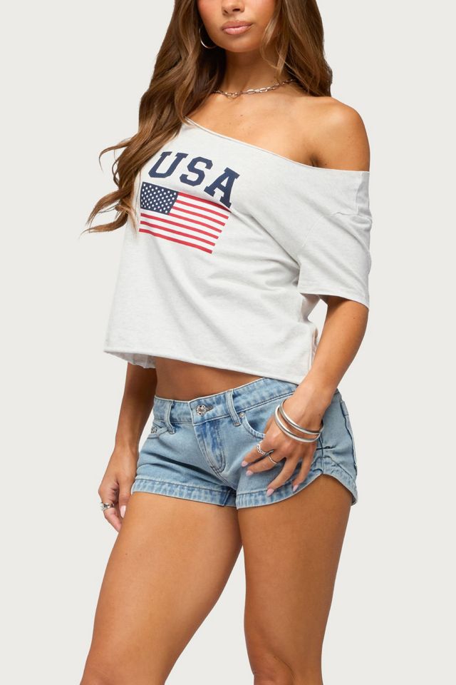 Edikted Pleated Low Rise Denim Micro Shorts #1