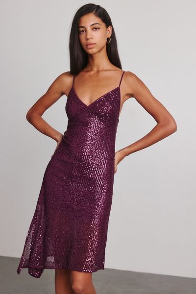 Motel Quinn Plunging Asymmetric Sequin Midi Dress