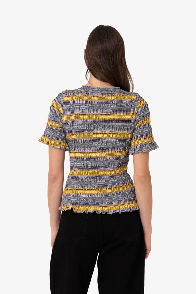 Amy Lynn Romy Multi Stripe Smocked Cotton Knitted Top #4