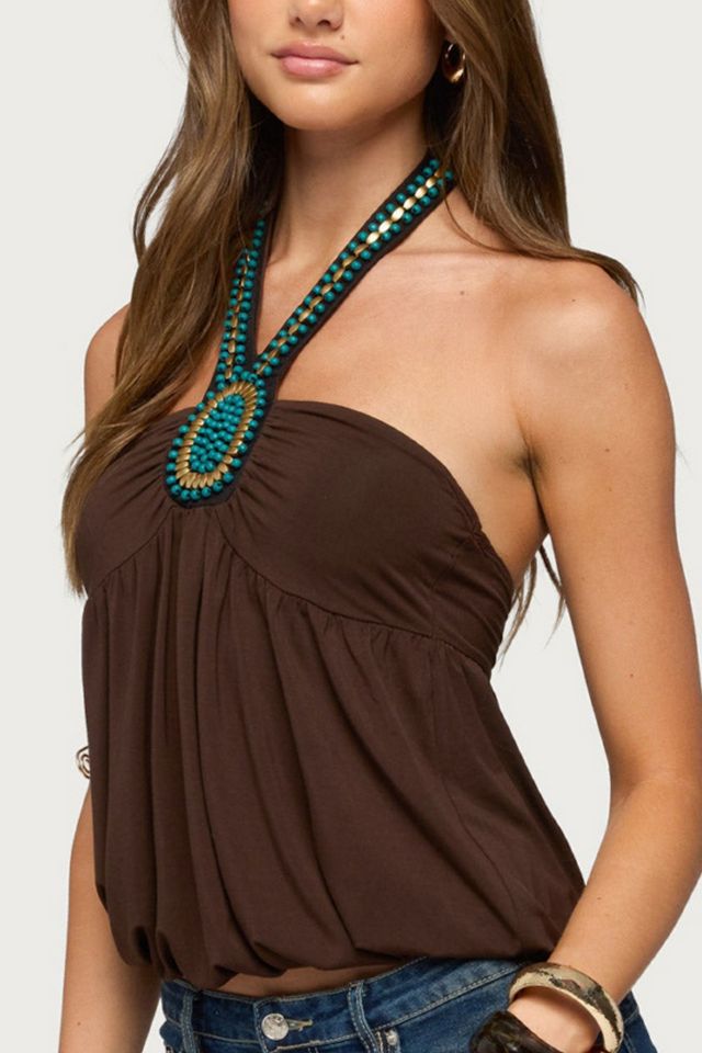 Edikted Polie Beaded Bubble Jersey Halter Top #2