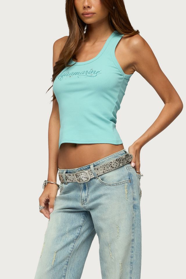 Edikted Aquaramine Rhinestone Ribbed Tank Top #3