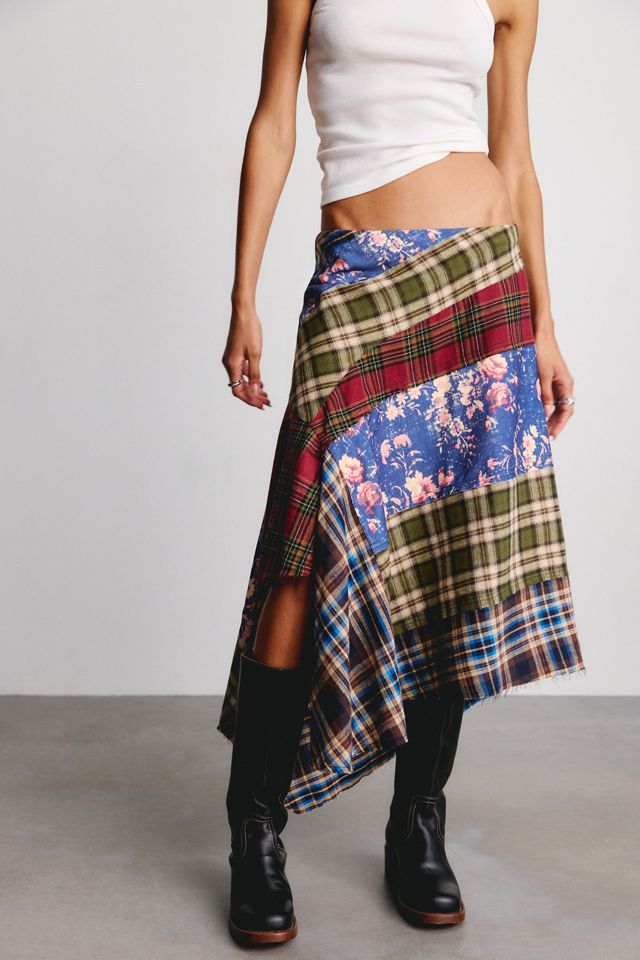 BDG Plaid About You Asymmetric Patchwork Midi Skirt #1