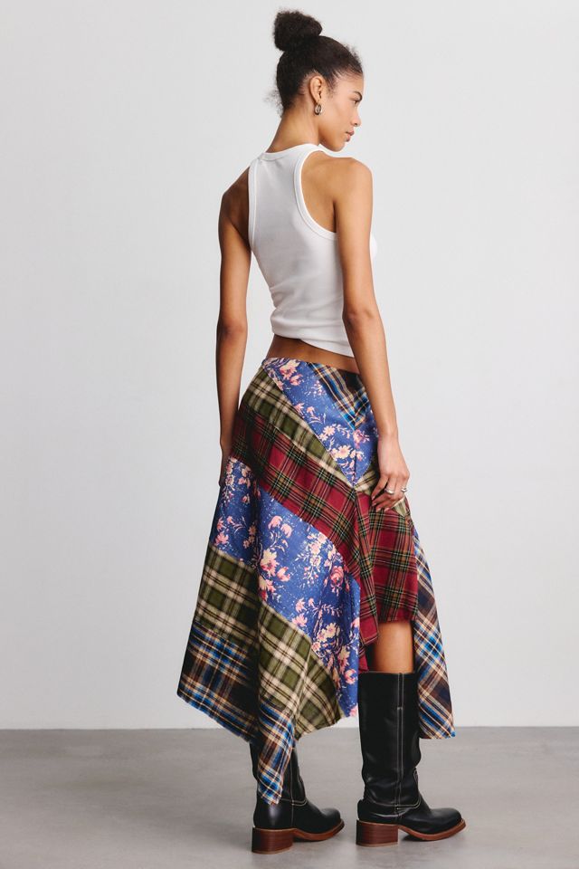 BDG Plaid About You Asymmetric Patchwork Midi Skirt #3