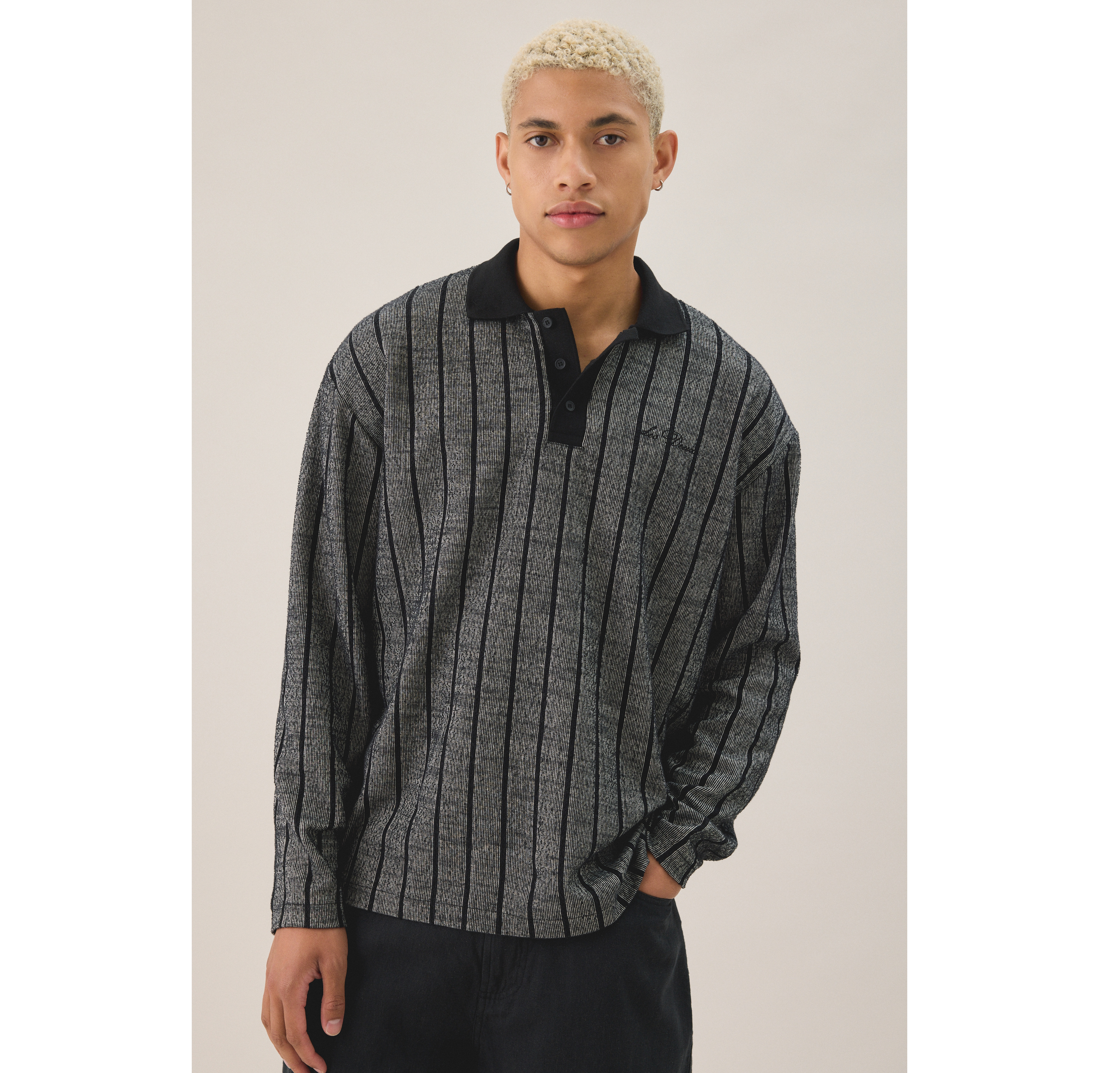 Les Deux Jacquard Pinstripe Long Sleeve Polo Shirt