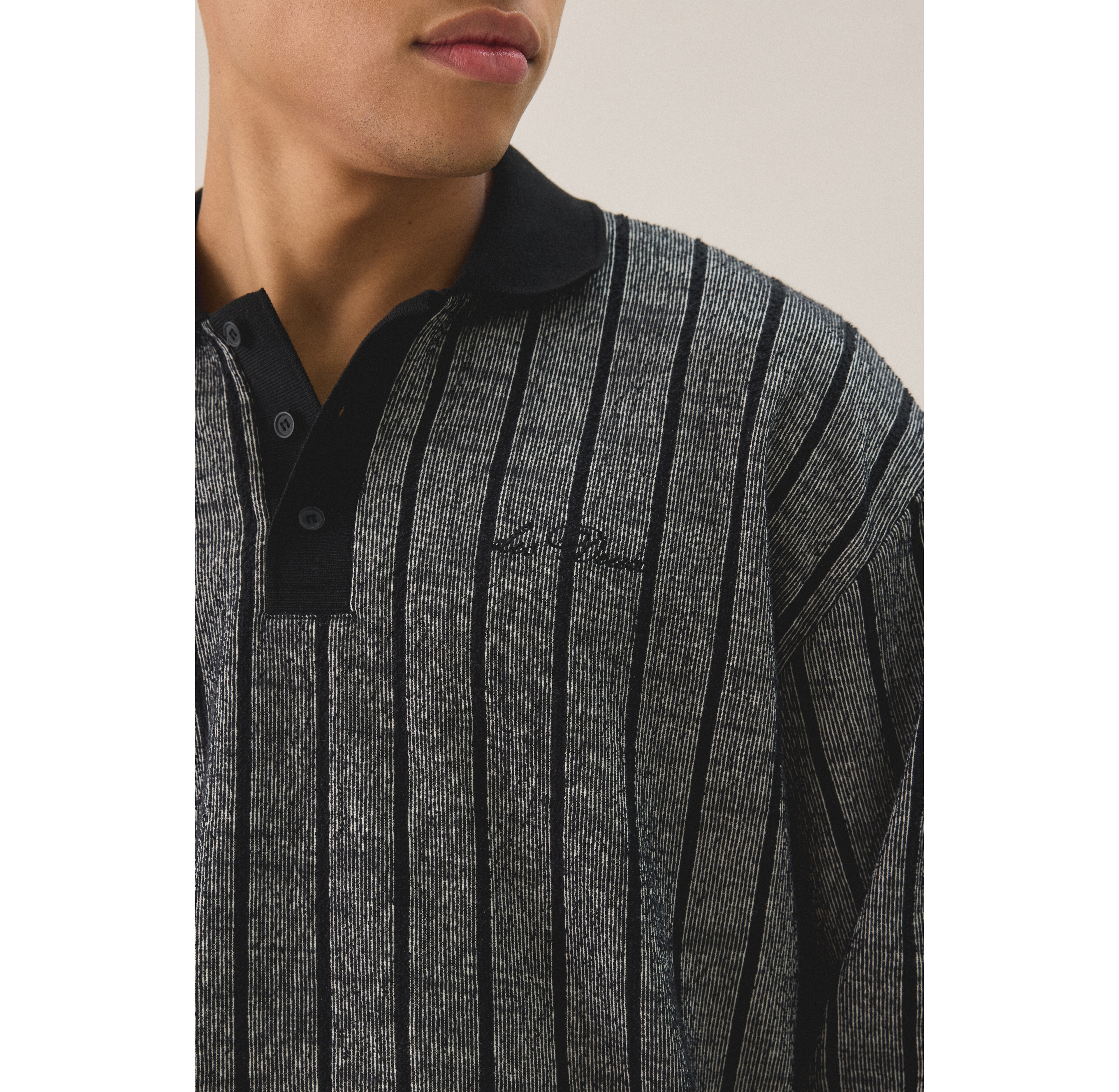 Les Deux Jacquard Pinstripe Long Sleeve Polo Shirt