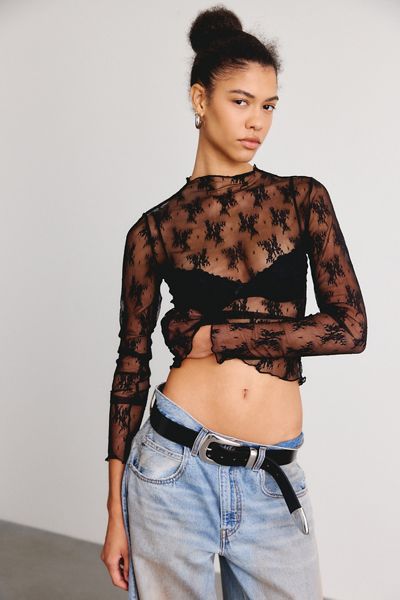 Out From Under Firecracker Sheer Lace Mockneck Long Sleeve Top