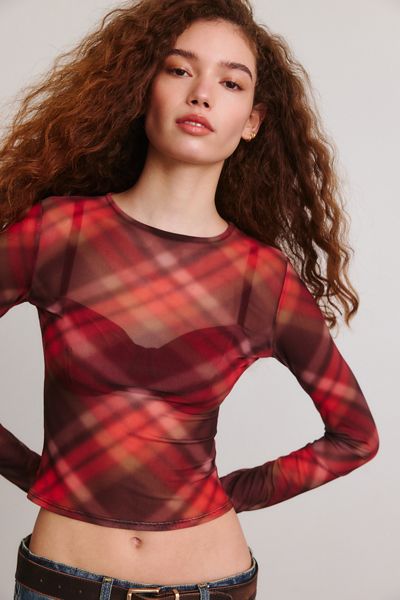 UO Rea Long Sleeve Sheer Mesh Baby Tee