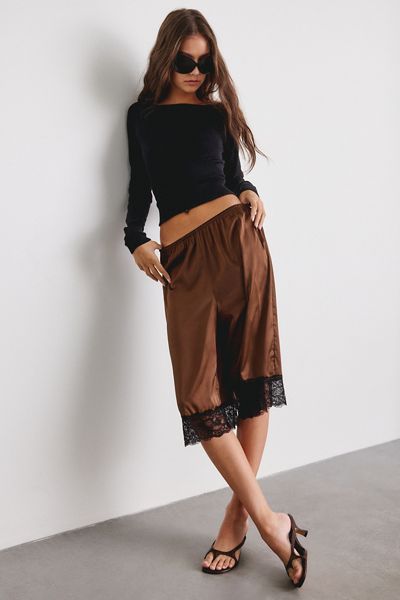 Kimchi Blue Tierra Lace Trim Satin Long Shorts