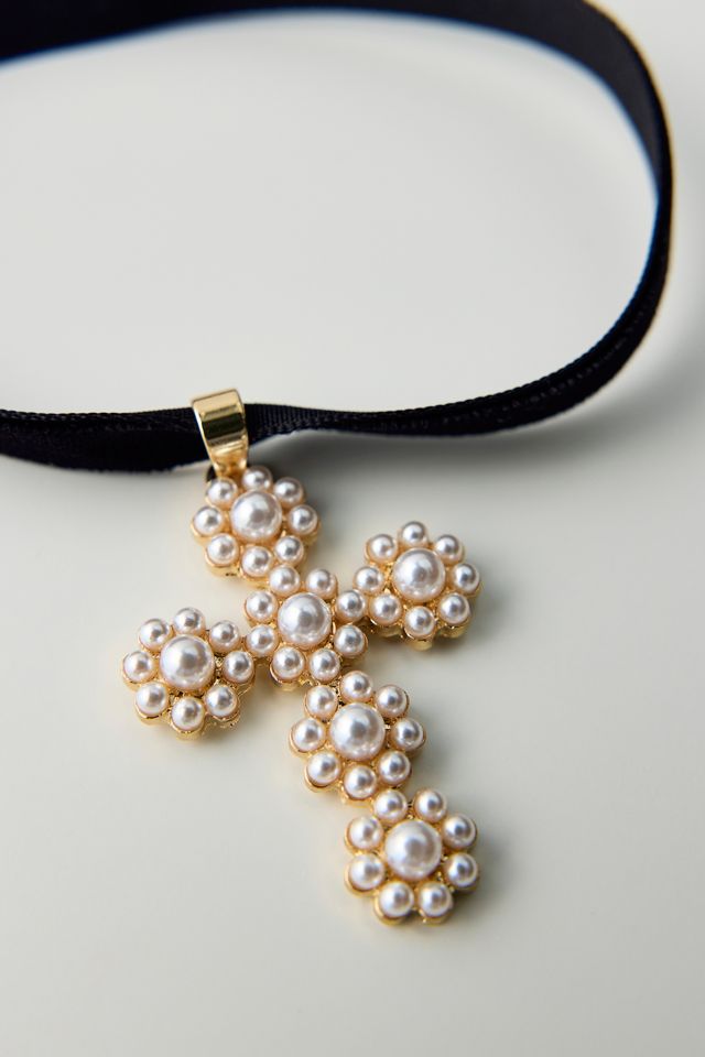 Pearl Cross Ribbon Choker Necklace #1