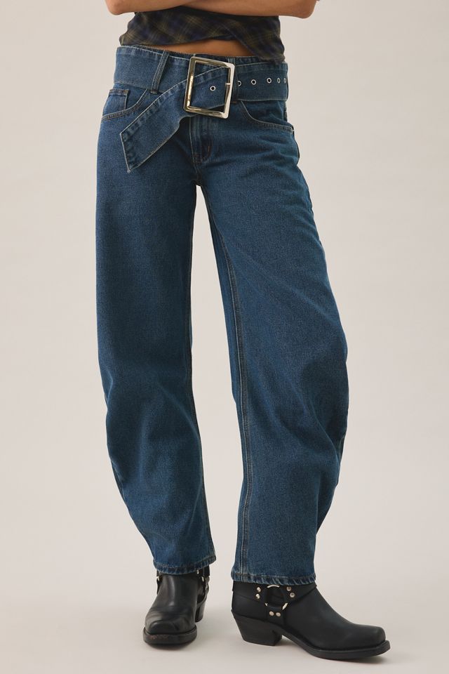 Lioness Dynasty Mid-Blue Belted Low-Rise Barrel Jeans #1