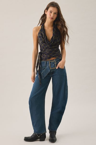 Lioness Dynasty Mid-Blue Belted Low-Rise Barrel Jeans