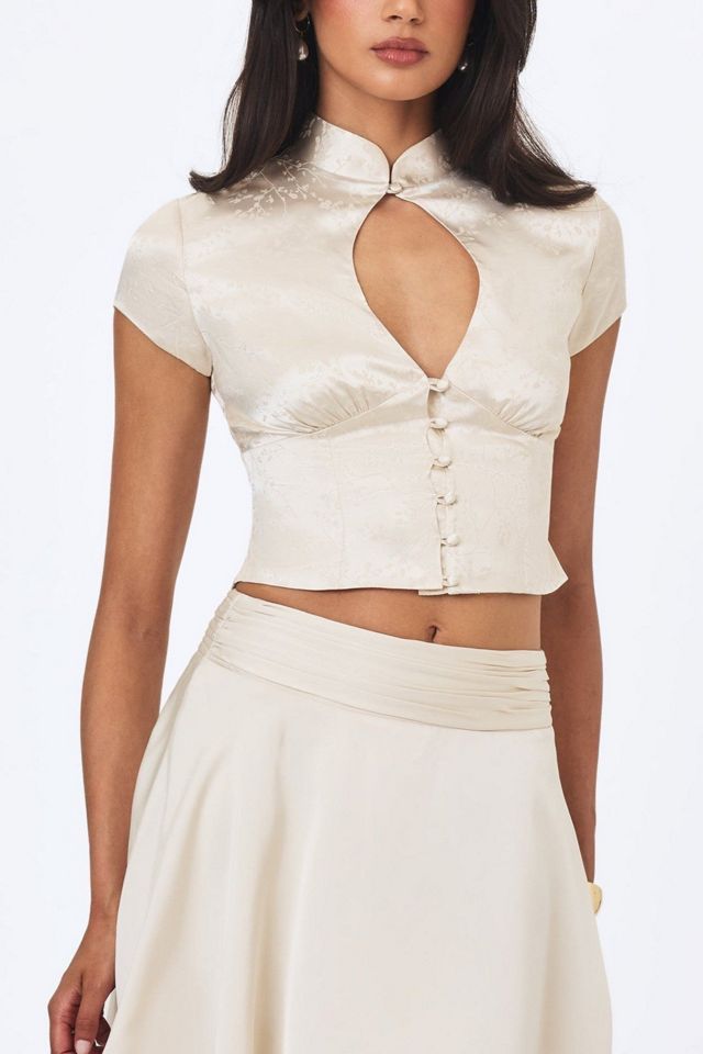 Miss Circle Galilea Floral Jacquard Keyhole Mandarin Collar Top #1