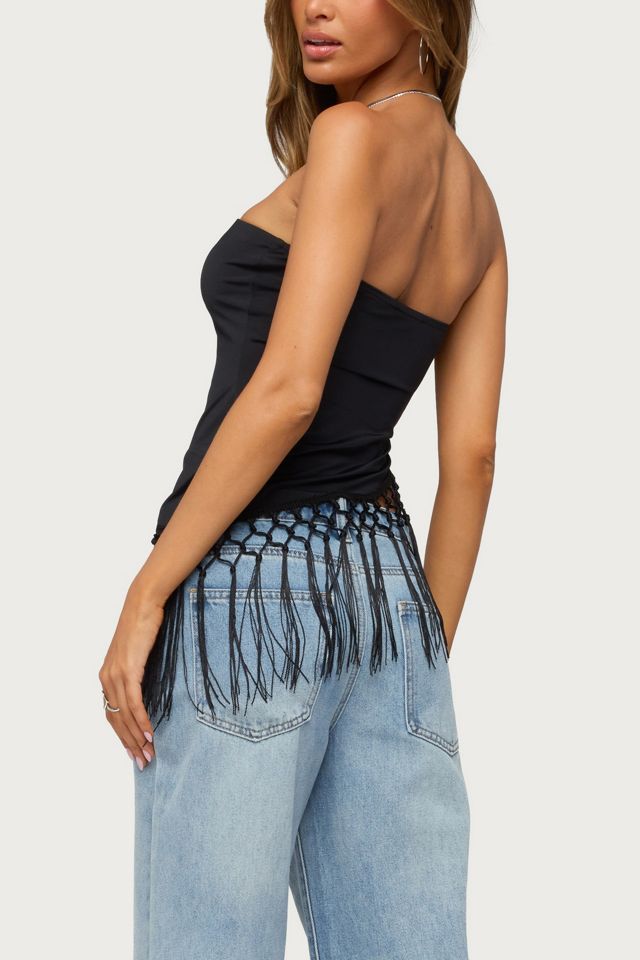 Edikted Sarika Asymmetric Fringe Strapless Top #3