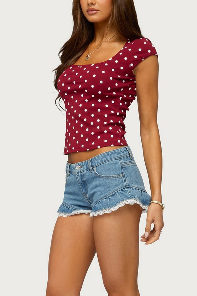 Edikted Roy Ruffle Lace Denim Micro Shorts #1