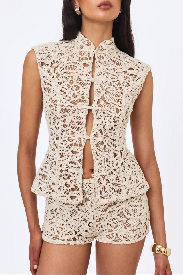 Miss Circle Rosetta Cotton Crochet Mandarin Collar Top #1