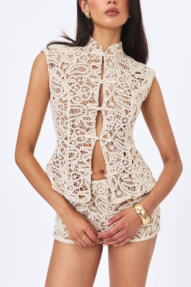 Miss Circle Rosetta Cotton Crochet Mandarin Collar Top #2