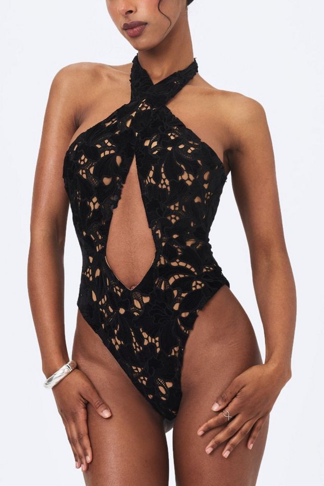 Miss Circle Breanna Velvet Lace Crossover Halter Swimsuit #1