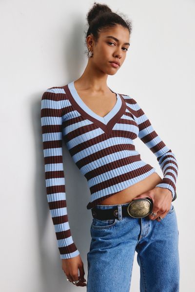 Kimchi Blue Trinity Striped V-Neck Fitted Sweater