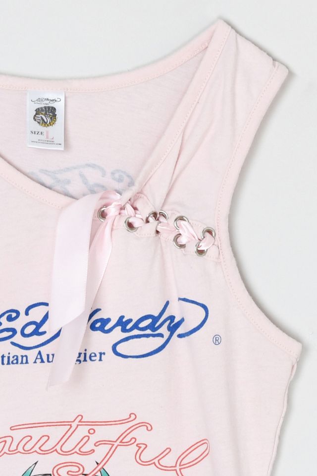 Vintage Y2k Ed Hardy Light Pink Printed Top with Satin Tie #3
