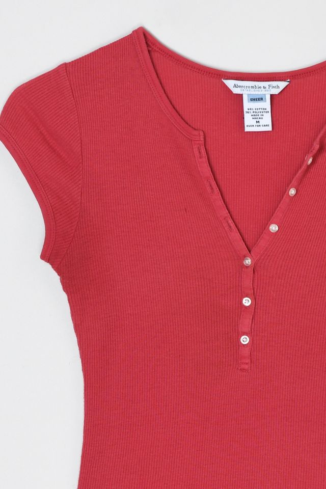 Vintage Y2k Aberrombie & Fitch Cherry Red Buttoned Ribbed Tee #2