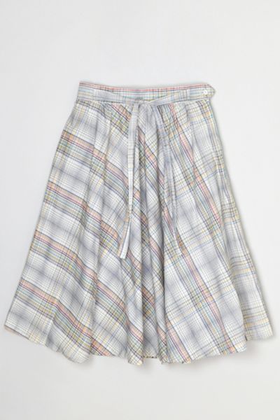 Vintage 1960s Plaid Cotton Midi Skirt with Tie