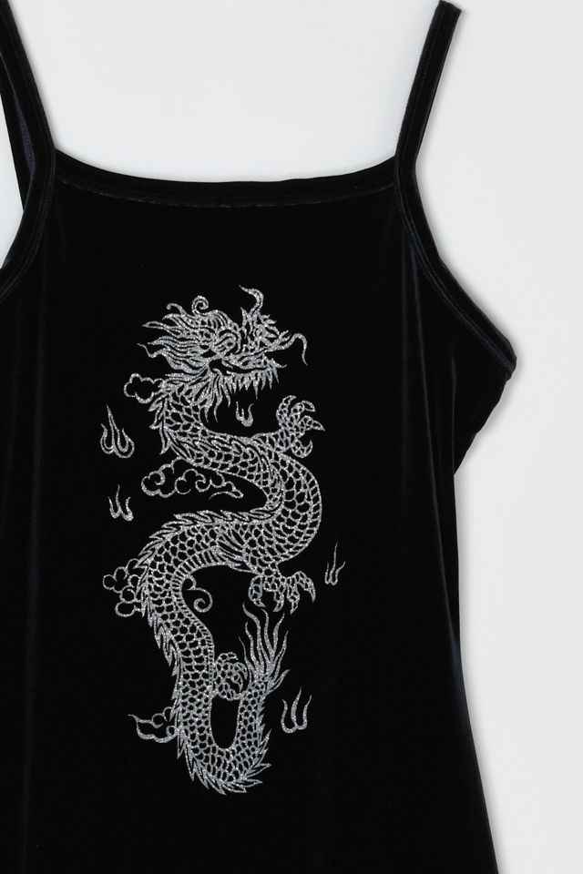 Vintage Y2k Black Velvet Ankle-Length Dress with Glittered Dragon #2