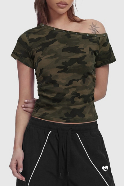 Aelfric Eden CAMO Off-The-Shoulder Baby Tee in Camouflage, Women's at Urban Outfitters