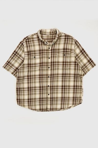 Vintage Short Sleeve Cut Off Plaid Button-Down Shirt