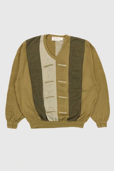 Vintage Green Pattern V-Neck Sweater