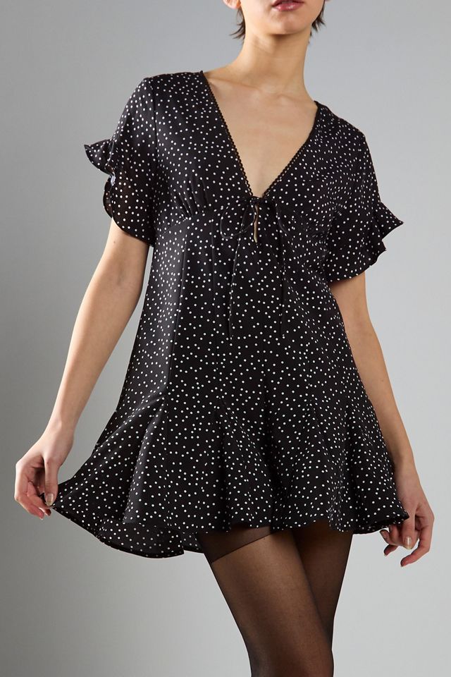 Glamorous Polka Dot Tie-Front Ruffle Babydoll Romper #1