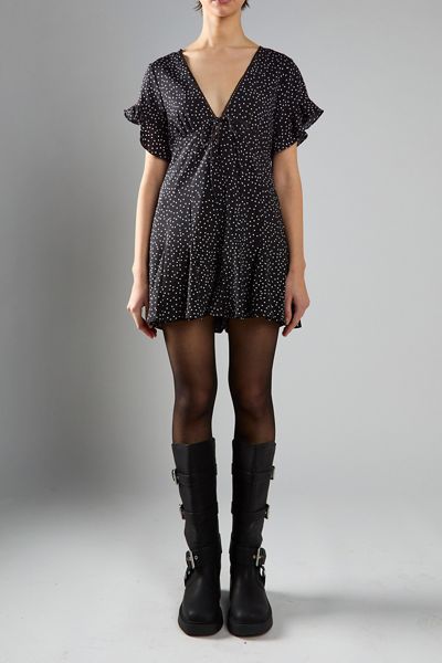 Glamorous Polka Dot Tie-Front Ruffle Babydoll Romper
