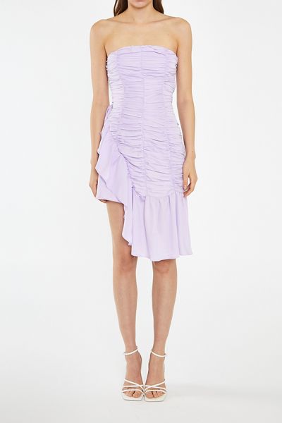 Glamorous Ruched Asymmetric Ruffle Strapless Mini Dress