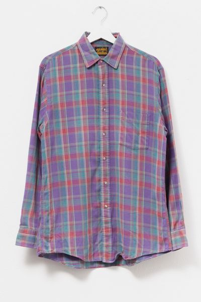 Vintage 1990s Distressed Purple Plaid Cotton Button Up Shirt