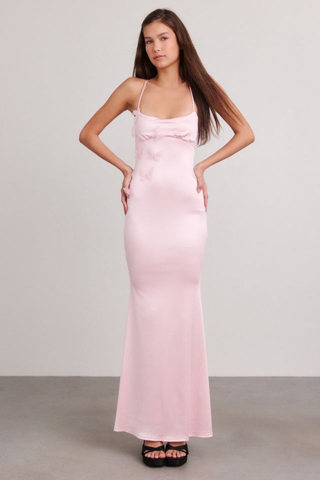 UO Butterfly Kisses Lace-Up Open Back Satin Maxi Dress #1