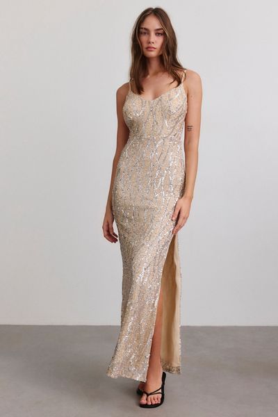 UO Ophelia Deco Sequin Side-Slit Maxi Dress