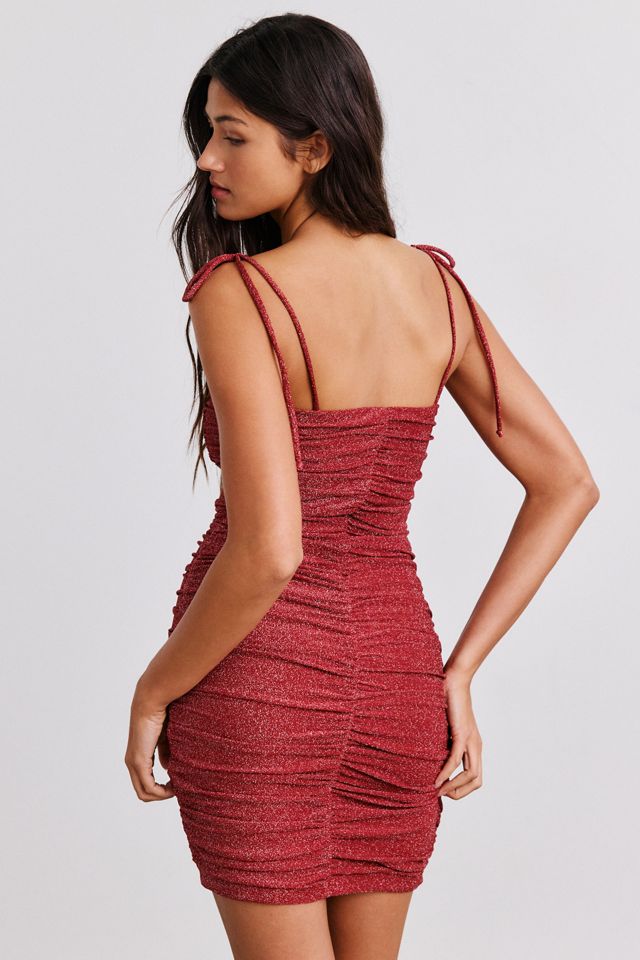 UO Ruched Up Shimmer Mesh Tie-Strap Bodycon Mini Dress #2
