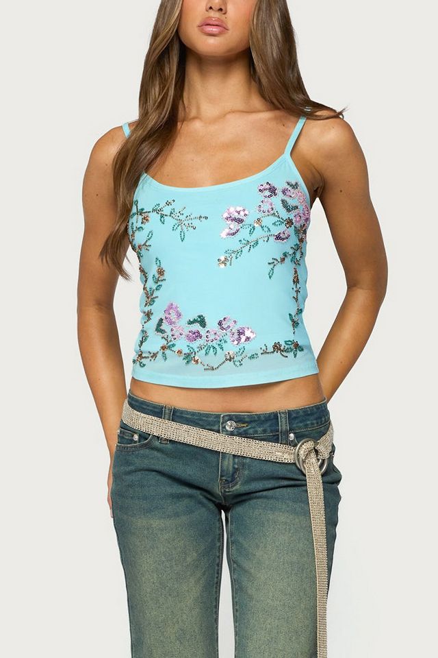 Edikted Blair Floral Bead & Sequin Mesh Top #3