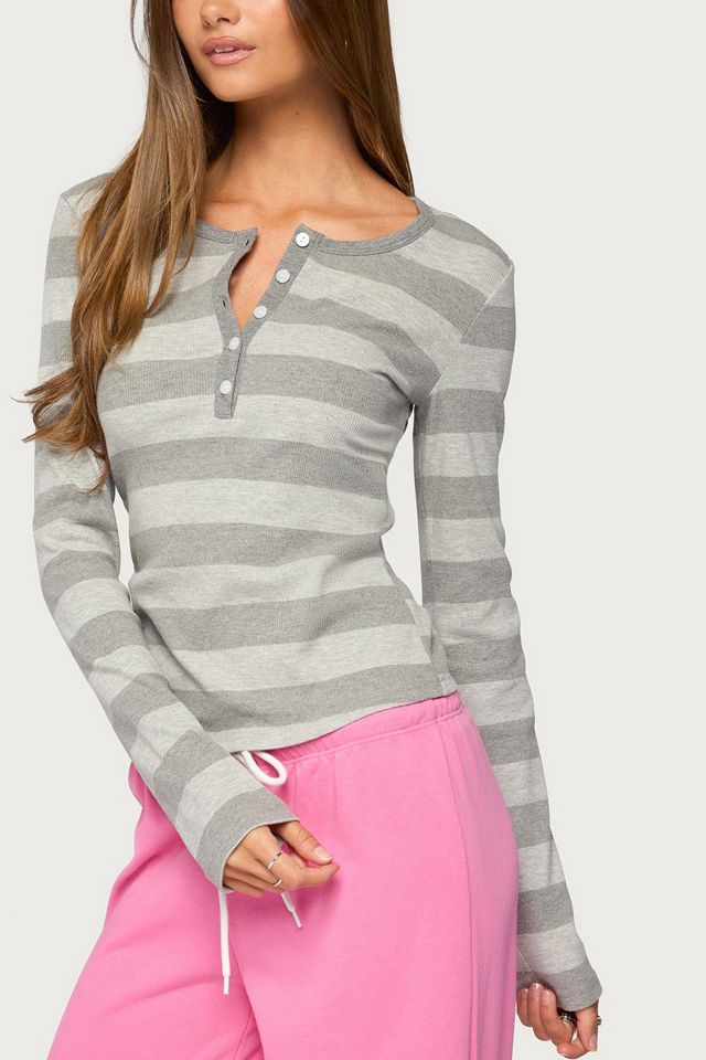 Edikted Dea Striped Long Sleeve Henley T Shirt #2