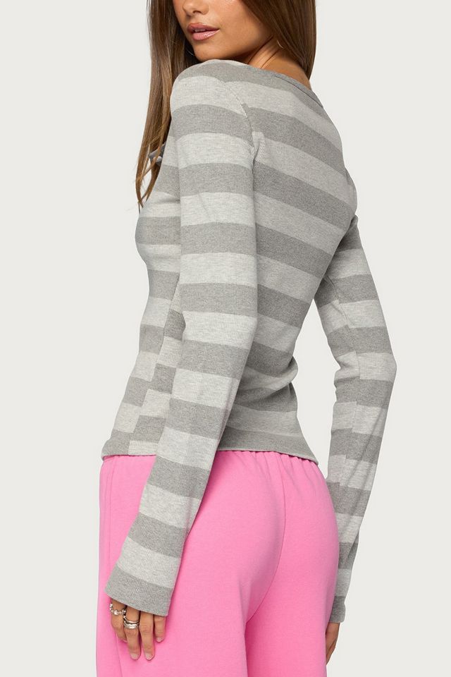 Edikted Dea Striped Long Sleeve Henley T Shirt #4