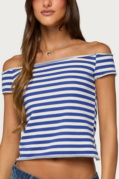 Edikted French Terry Striped Off Shoulder Top